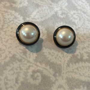 Black, Golden and Pearl-ish Pierced Earrings.